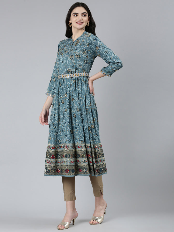 Neerus Blue rayon printed straight kurti - back view