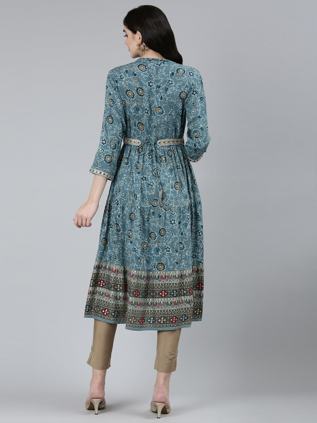 Neerus Blue rayon printed straight kurti - side view