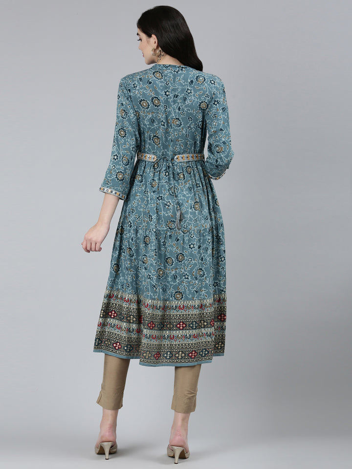 Neerus Blue rayon printed straight kurti - side view