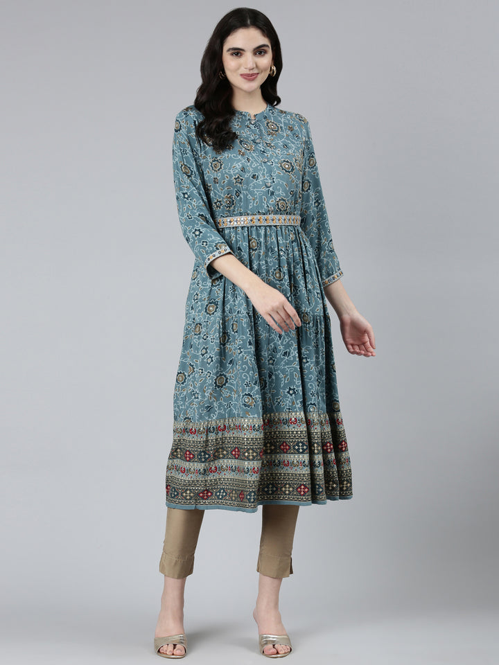 Neerus Blue rayon printed straight kurti - detail view 1