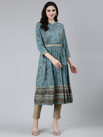 Neeru's Blue Straight Casual Floral Dresses