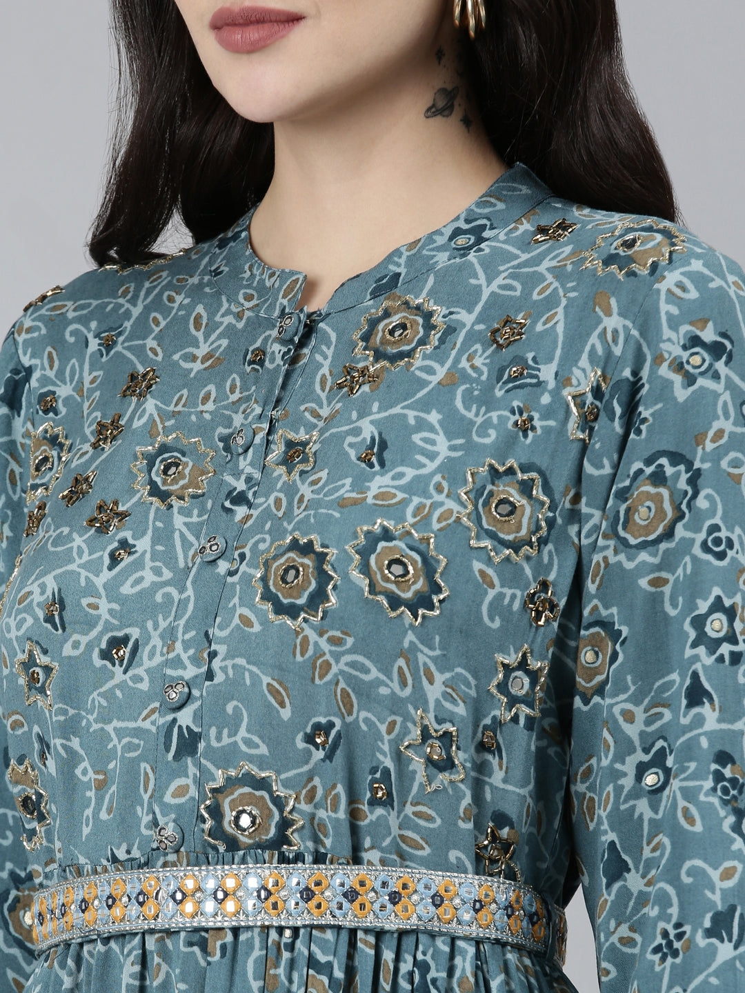 Neerus Blue rayon printed straight kurti - detail view 2