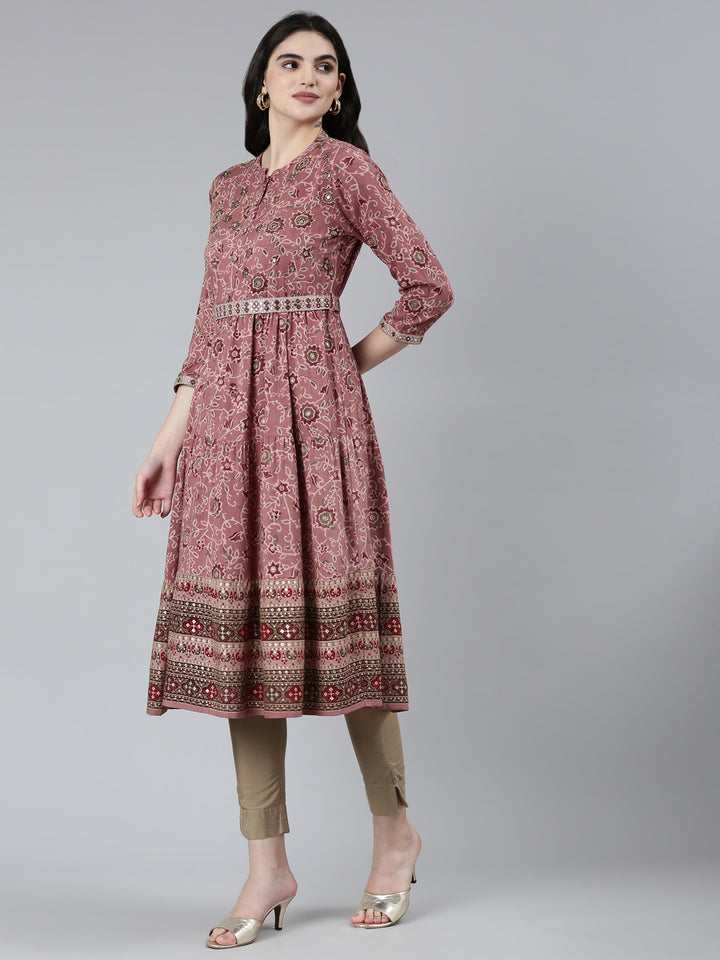 Neerus Pink Straight Casual Floral Dresses
