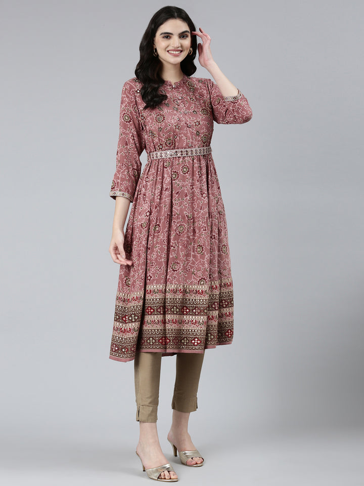 Neerus Pink Straight Casual Floral Dresses