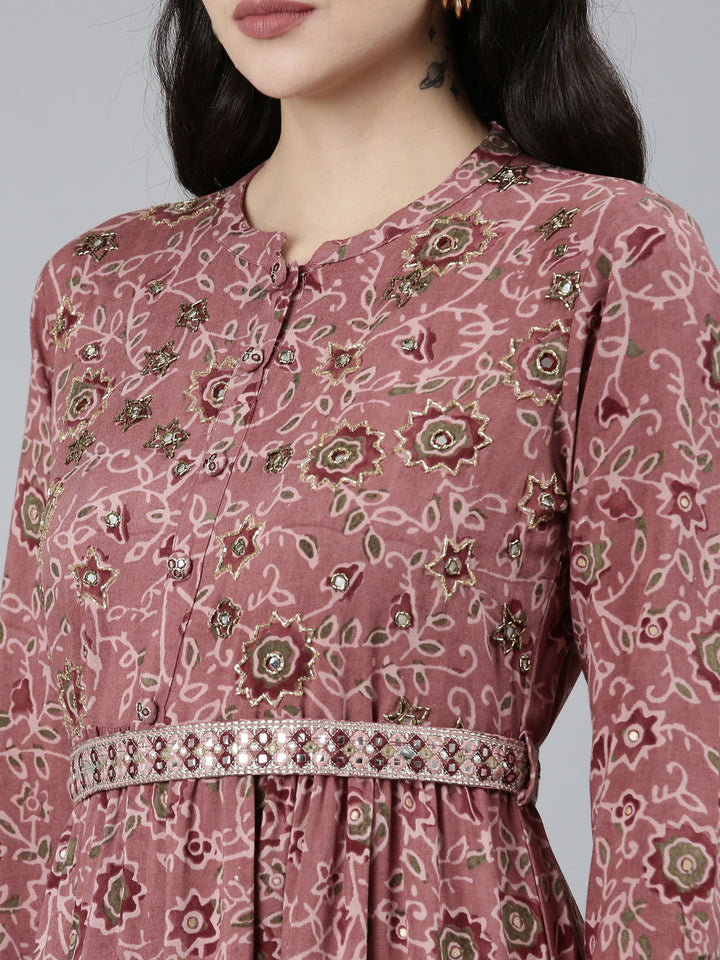 Neerus Pink Straight Casual Floral Dresses