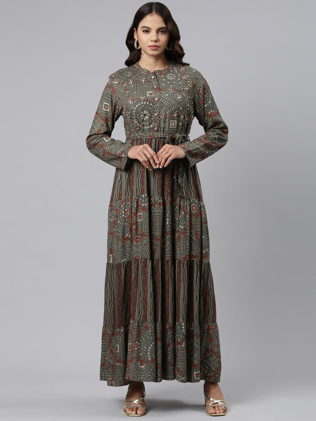 Neerus Grey Abstract Printed Maxi Dress for Casual Women – Neerus India