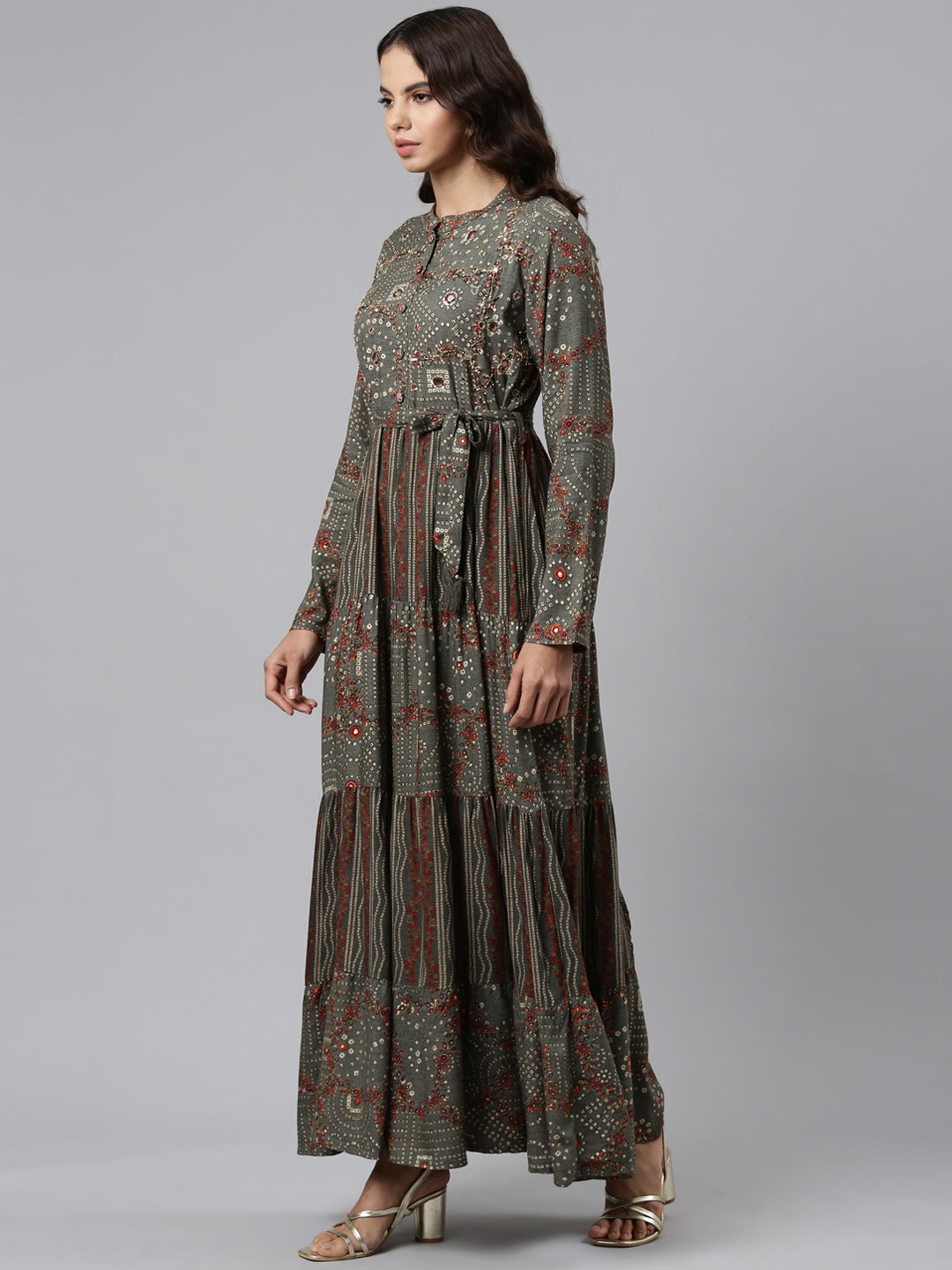 Neerus Grey Straight Casual Printed Maxi Dresses