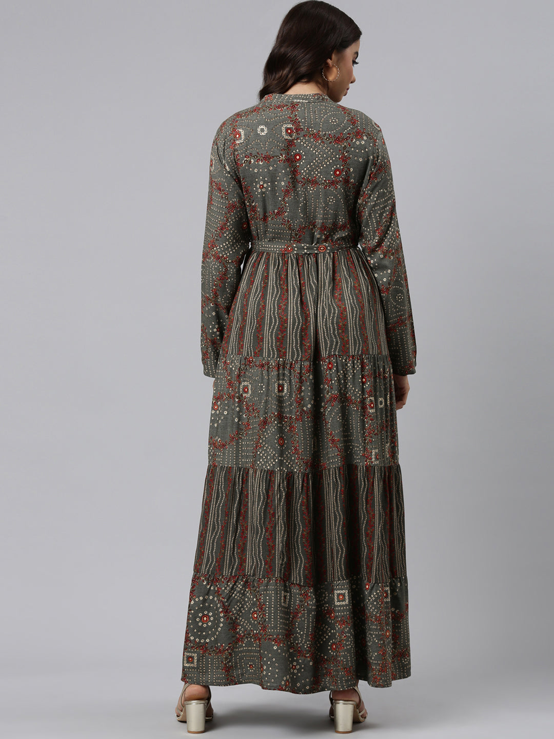 Neerus Grey Straight Casual Printed Maxi Dresses