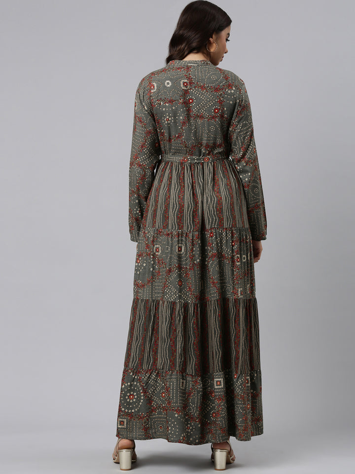 Neerus Grey Straight Casual Printed Maxi Dresses