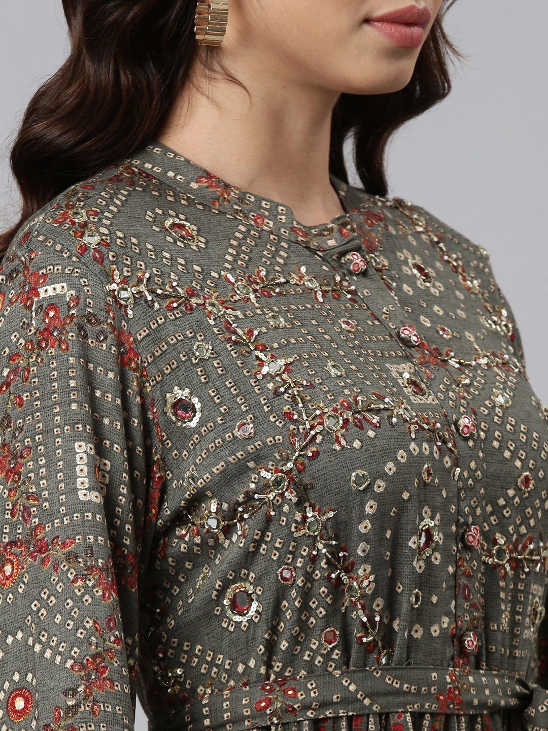 Neerus Grey Straight Casual Printed Maxi Dresses