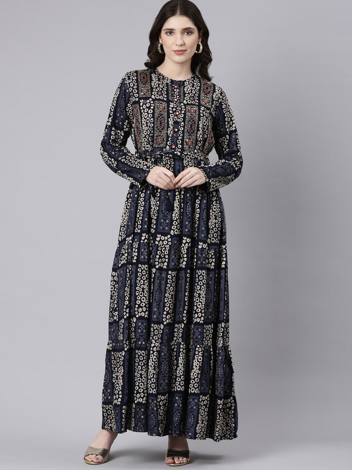 Neerus Navy Blue Straight Casual Printed Maxi Dresses