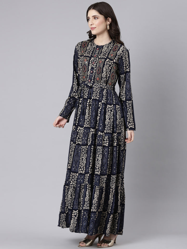 Neerus Navy Blue Straight Casual Printed Maxi Dresses