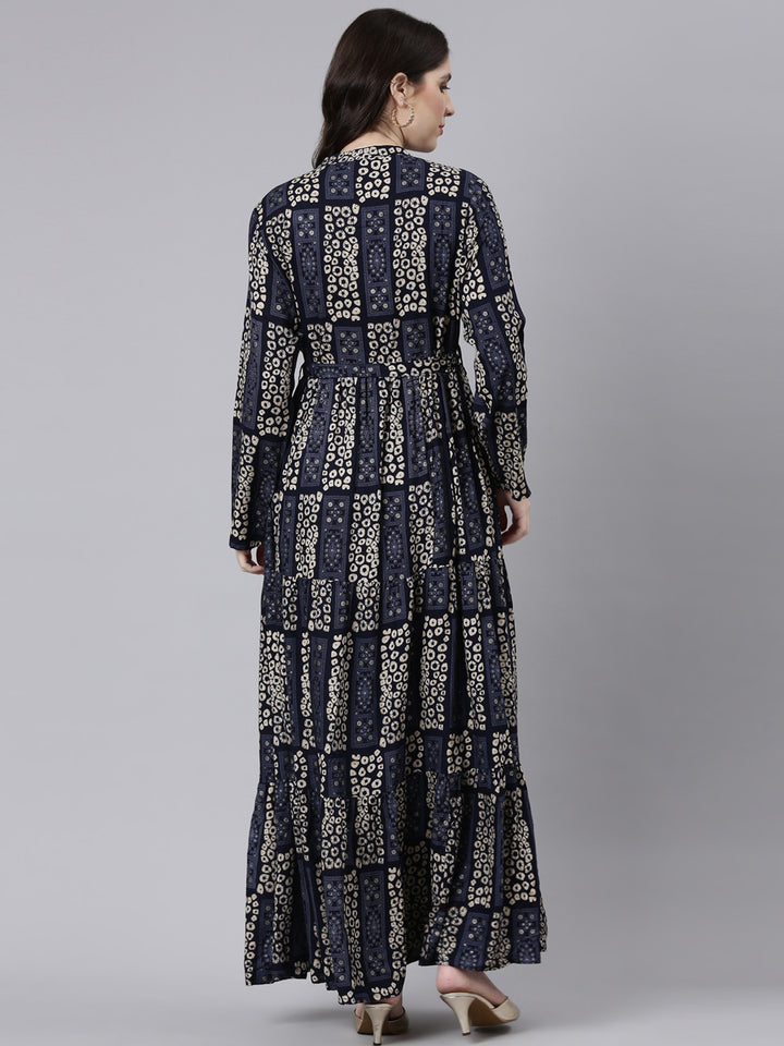 Neerus Navy Blue Straight Casual Printed Maxi Dresses