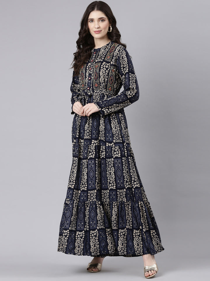 Neerus Navy Blue Straight Casual Printed Maxi Dresses