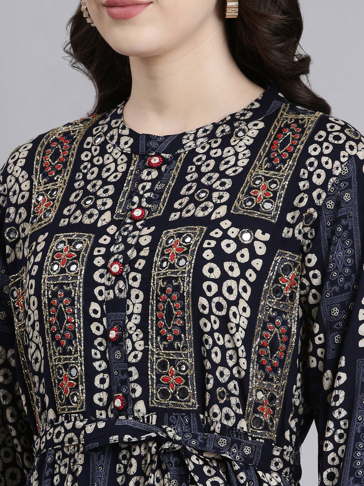 Neerus Navy Blue Straight Casual Printed Maxi Dresses