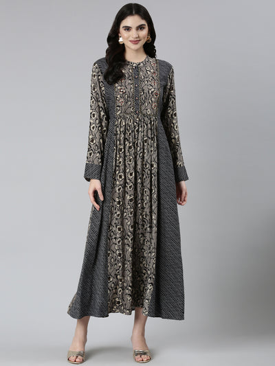 Neeru's Grey Straight Casual Floral Dresses