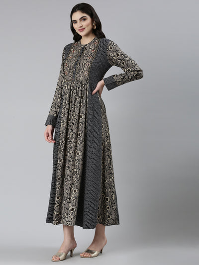 Neeru's Grey Straight Casual Floral Dresses