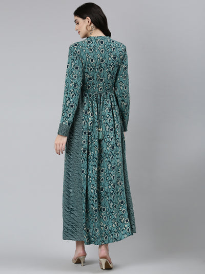 Neeru's Green Straight Casual Floral Dresses