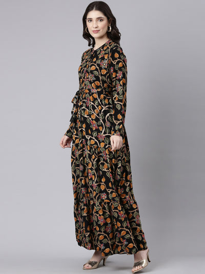 Neerus Navy Blue Straight Casual Printed Gown