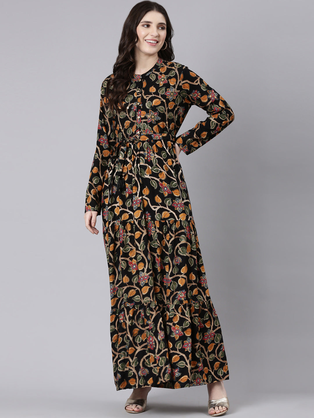 Neerus Navy Blue Straight Casual Printed Gown
