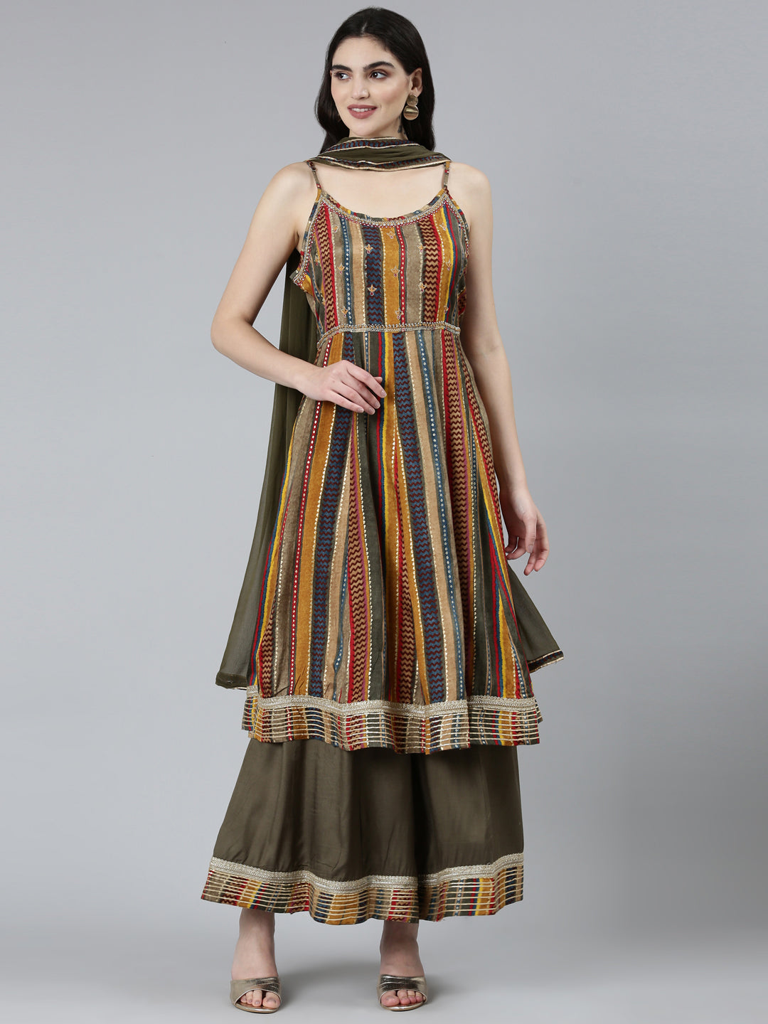 Neerus Green printed chevron kurta set with palazzo and dupatta - front view