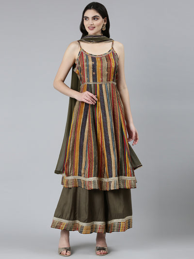Neerus Olive Regular Straight Chevron Kurta Sets And Palazzos With Dupatta