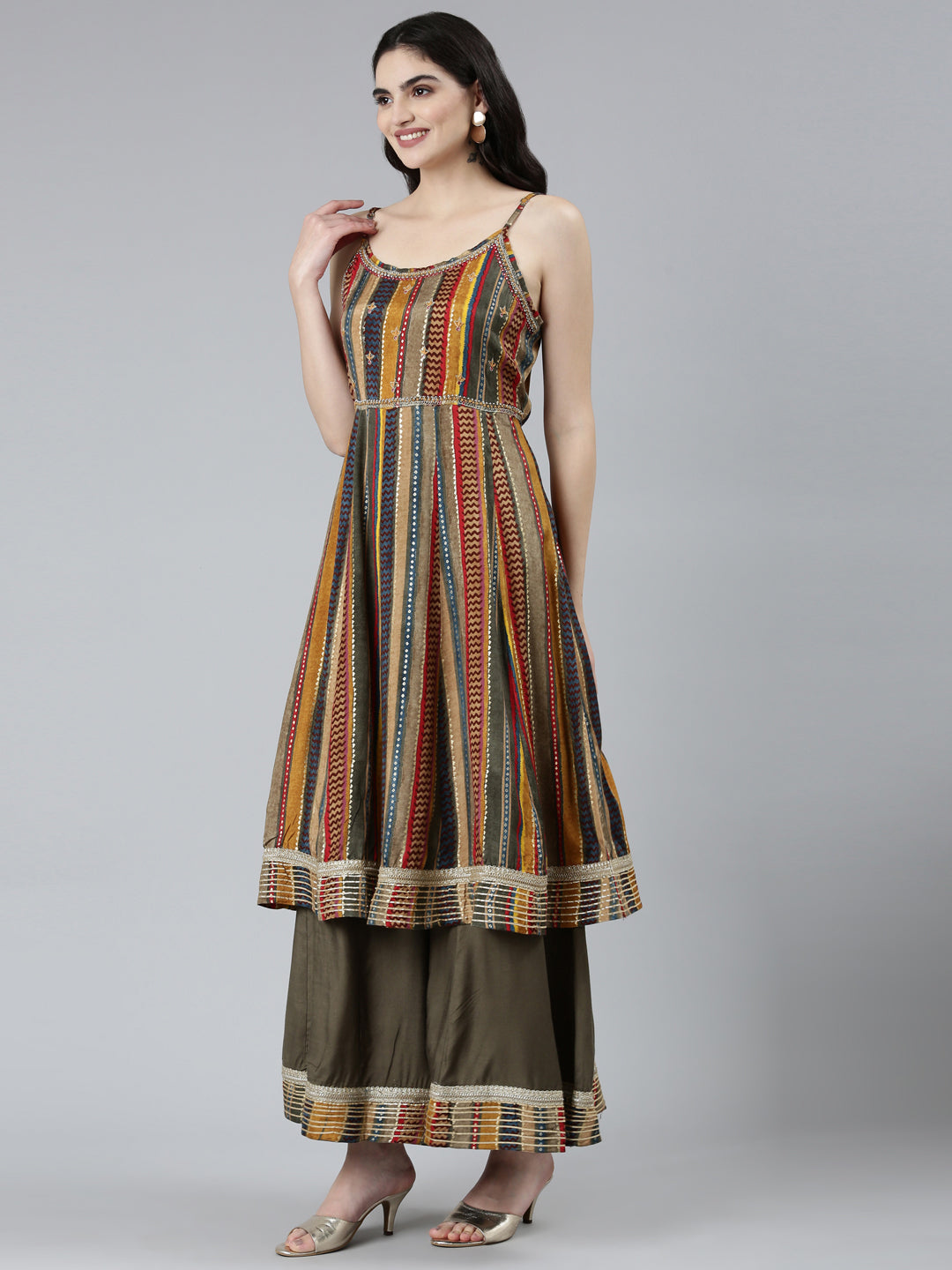 Neerus Green printed chevron kurta set with palazzo and dupatta - back view