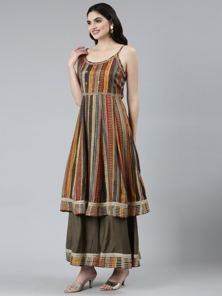 Neerus Green printed chevron kurta set with palazzo and dupatta - back view