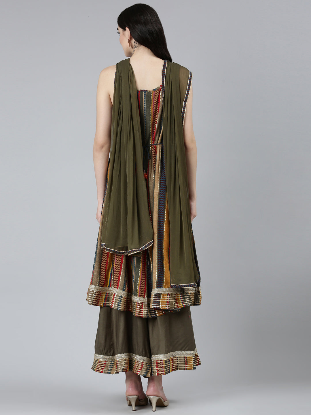 Neerus Green printed chevron kurta set with palazzo and dupatta - side view