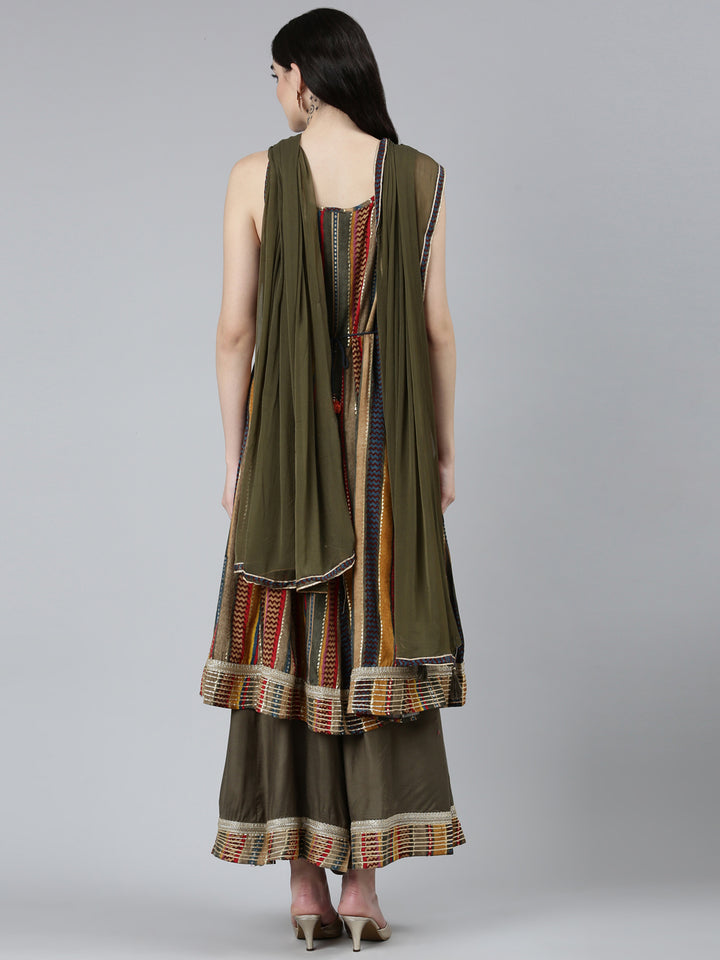 Neerus Green printed chevron kurta set with palazzo and dupatta - side view