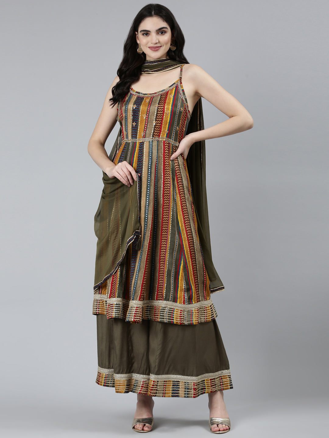 Neerus Green printed chevron kurta set with palazzo and dupatta - detail view 2