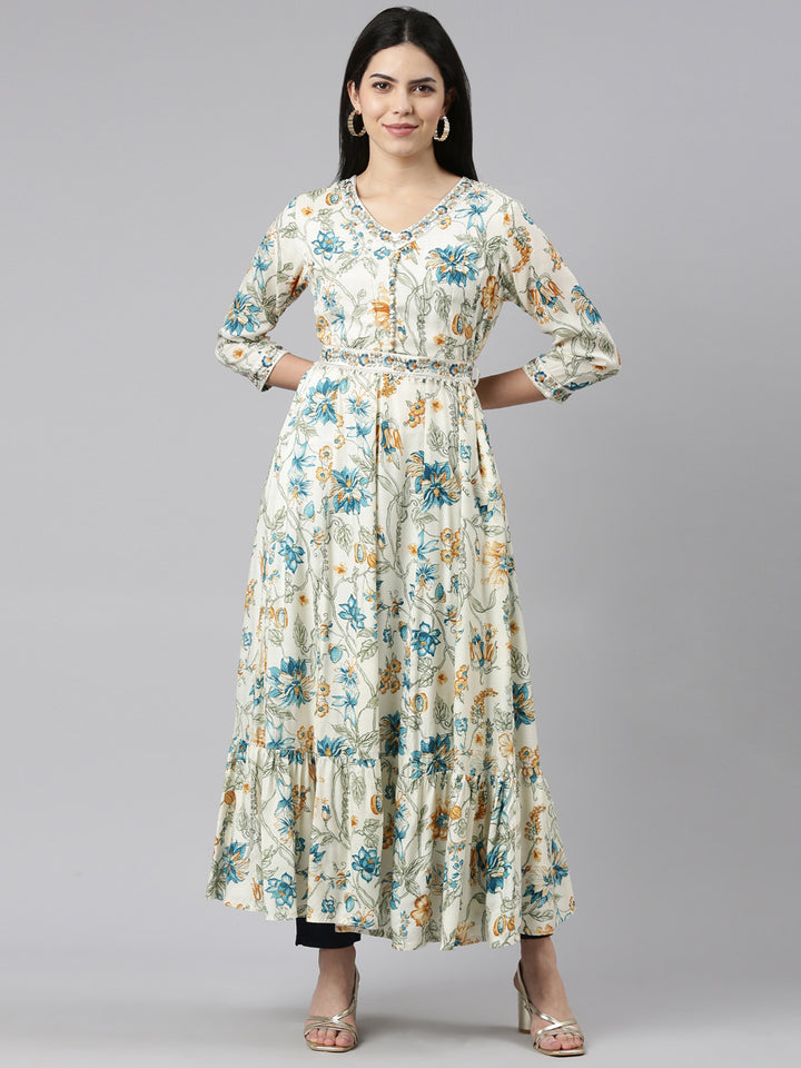 Neerus Beige printed maxi dress - front view