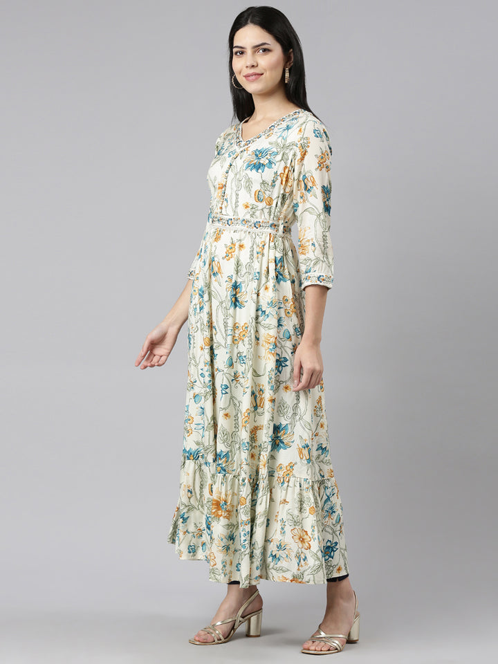 Neerus Beige printed maxi dress - back view