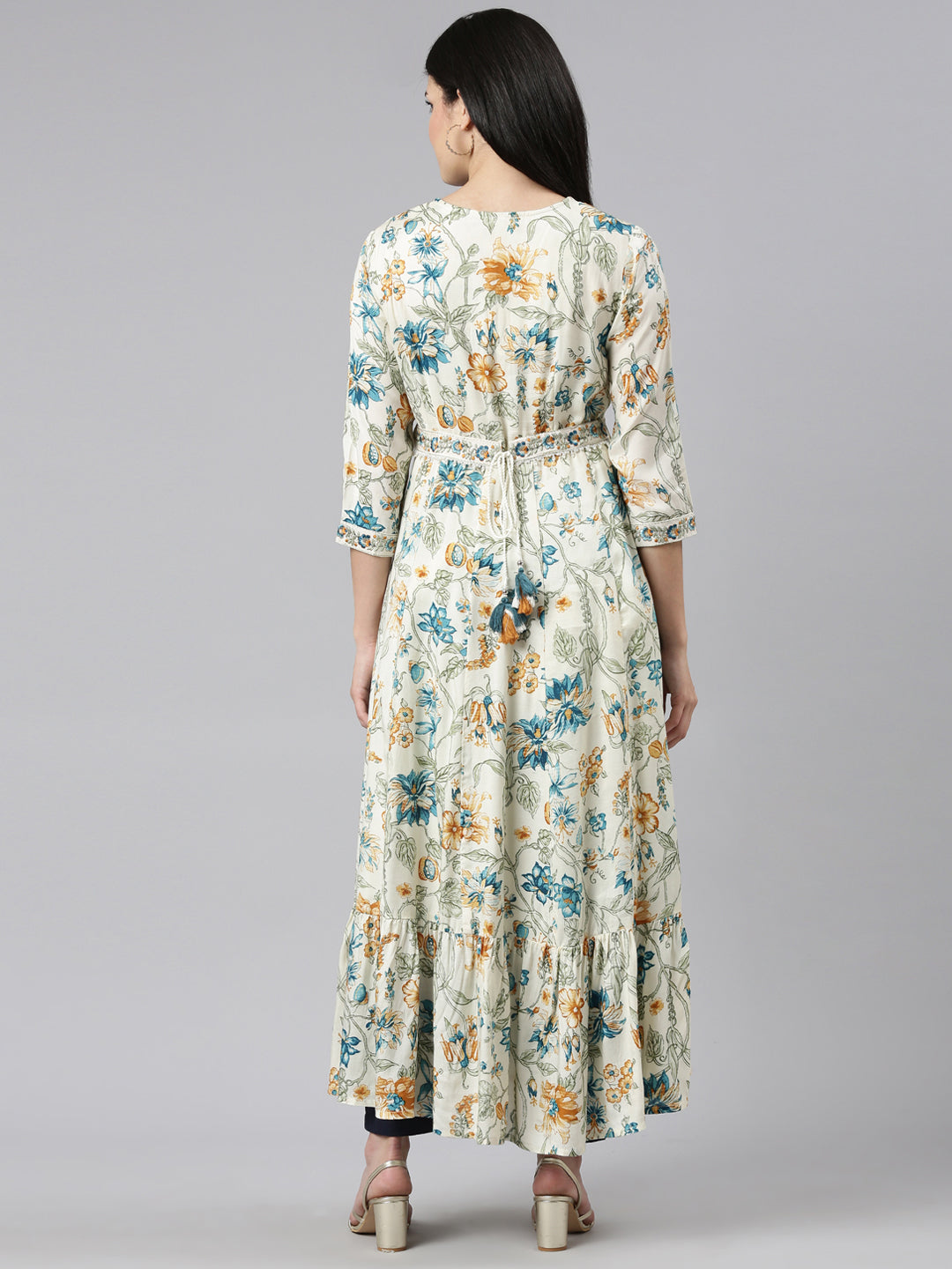 Neerus Beige printed maxi dress - side view
