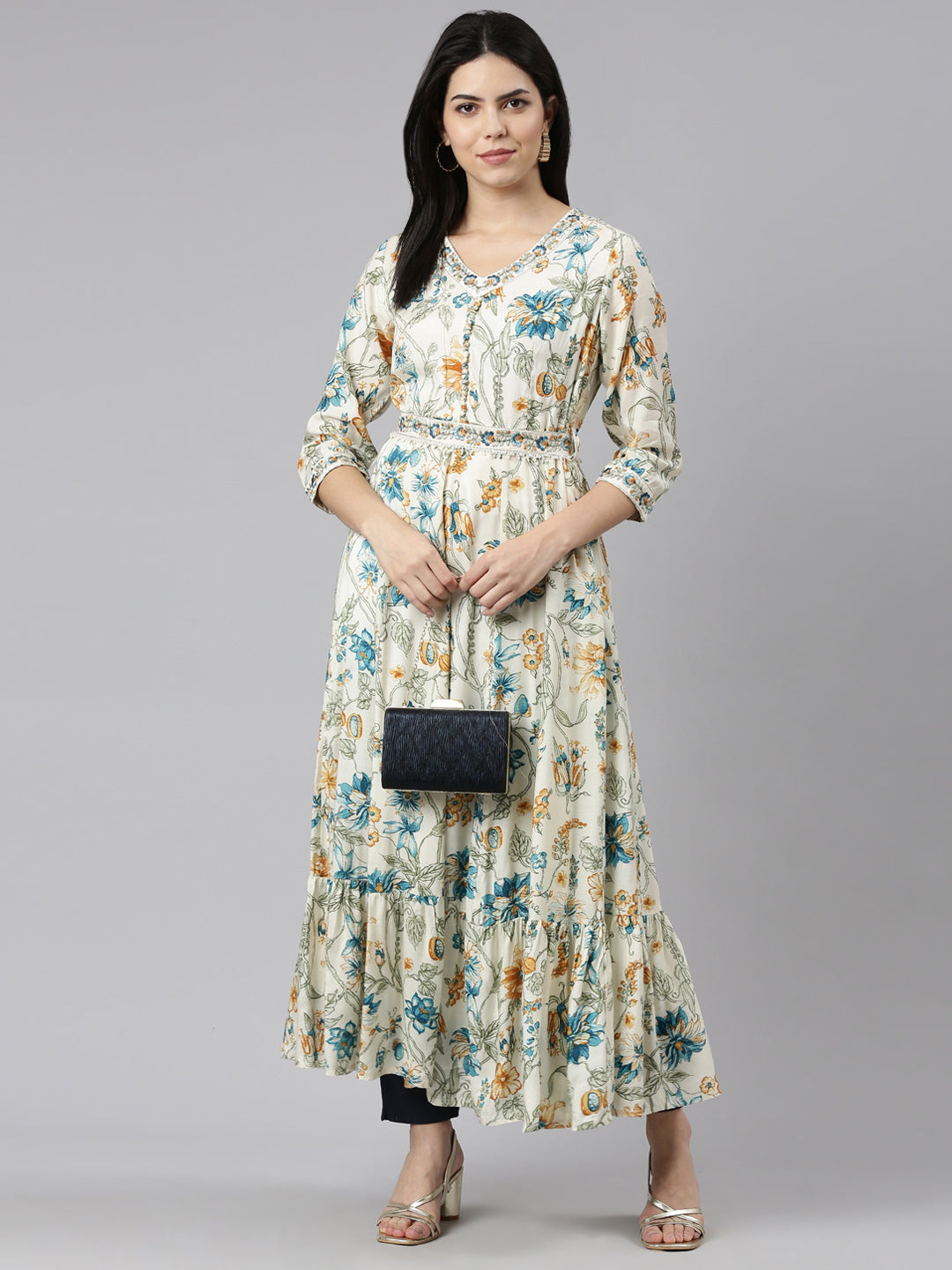 Neerus Beige printed maxi dress - detail view 2