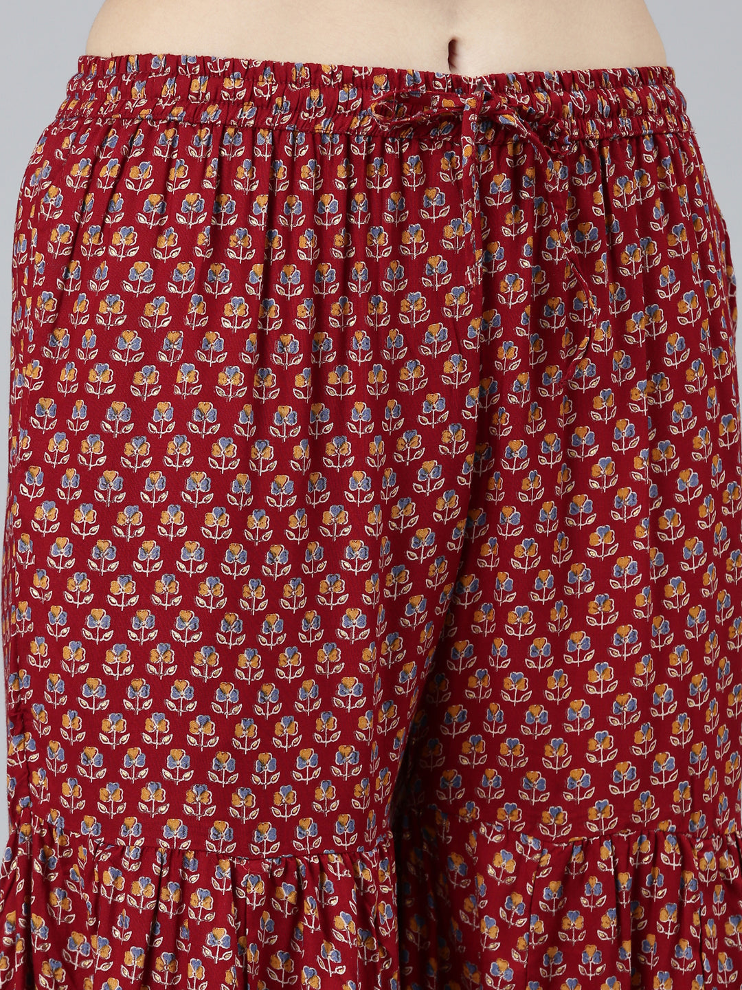 Neeru's Maroon Regular Straight Floral Kurta Sets And Sharara With Dupatta