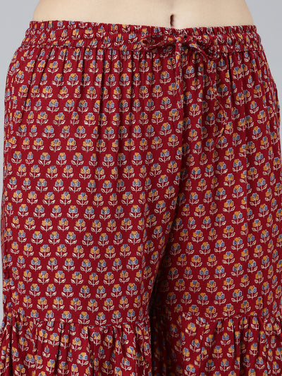 Neeru's Maroon Regular Straight Floral Kurta Sets And Sharara With Dupatta