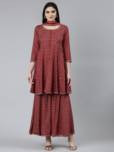 Neeru's Maroon Regular Straight Floral Kurta Sets And Sharara With Dupatta