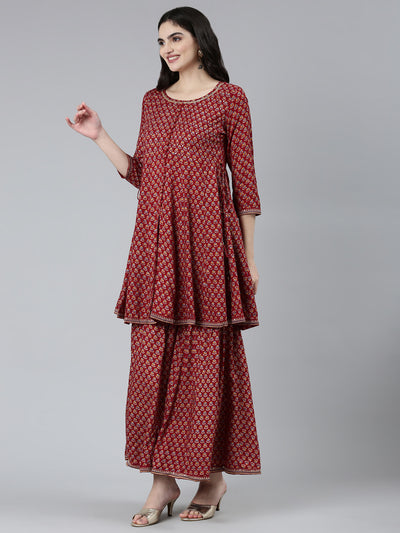 Neeru's Maroon Regular Straight Floral Kurta Sets And Sharara With Dupatta