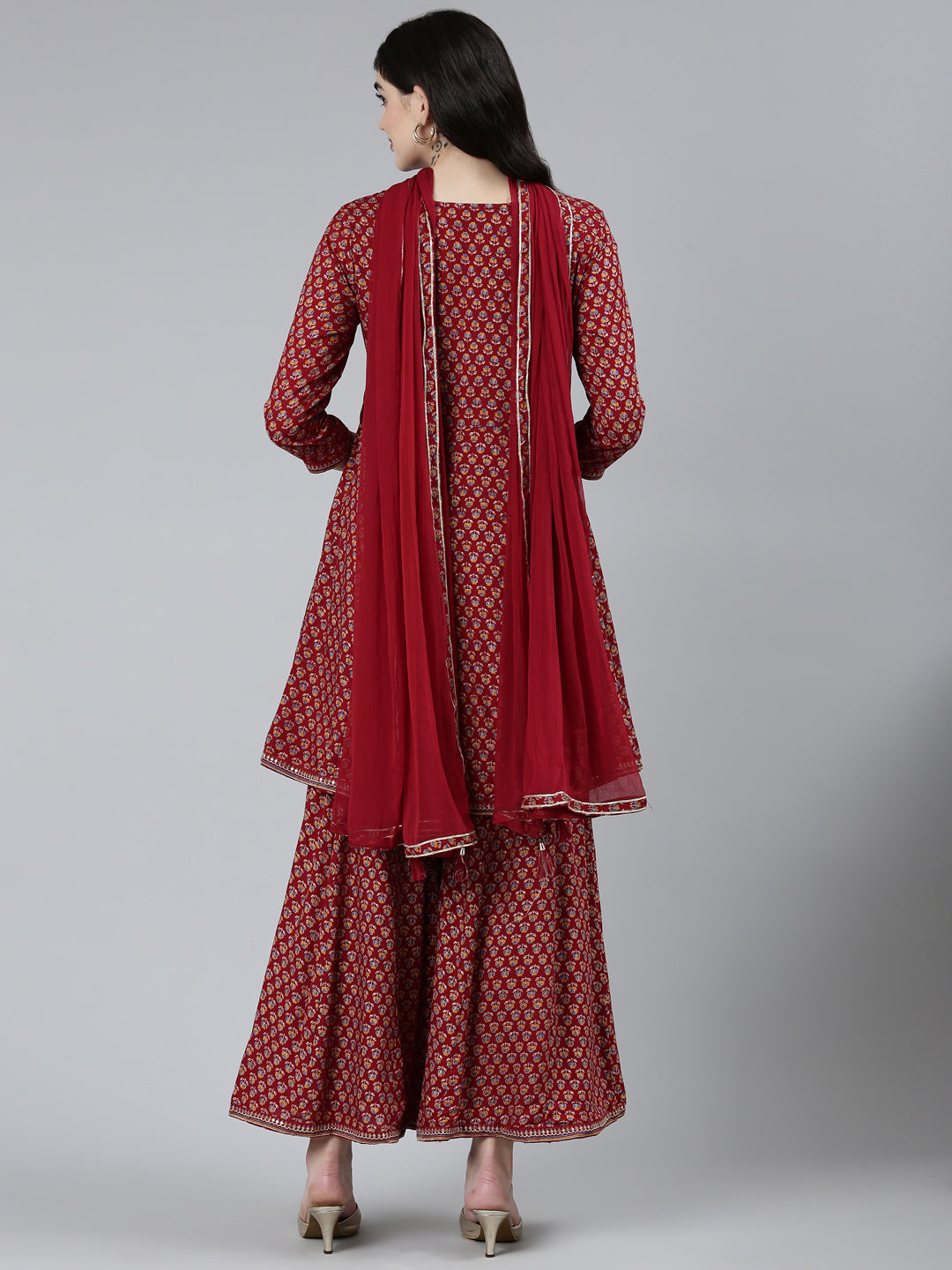 Neeru's Maroon Regular Straight Floral Kurta Sets And Sharara With Dupatta