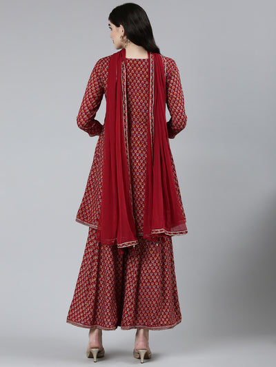 Neeru's Maroon Regular Straight Floral Kurta Sets And Sharara With Dupatta