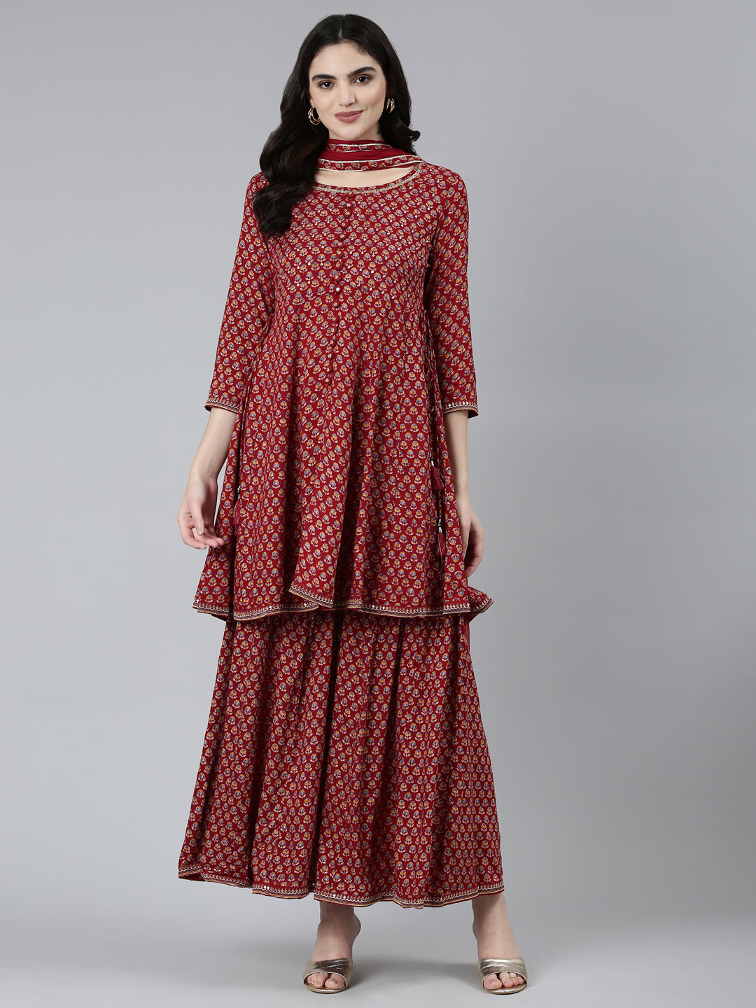 Neeru's Maroon Regular Straight Floral Kurta Sets And Sharara With Dupatta