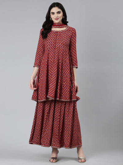 Neeru's Maroon Regular Straight Floral Kurta Sets And Sharara With Dupatta