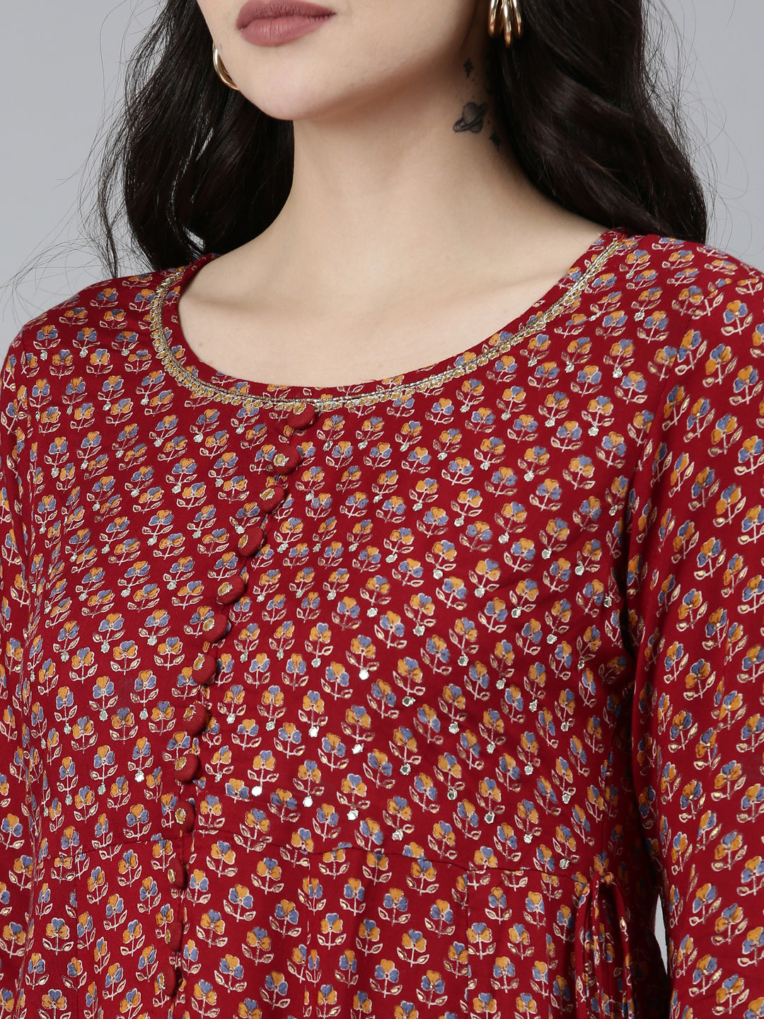 Neeru's Maroon Regular Straight Floral Kurta Sets And Sharara With Dupatta