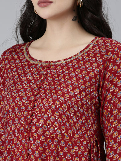 Neeru's Maroon Regular Straight Floral Kurta Sets And Sharara With Dupatta