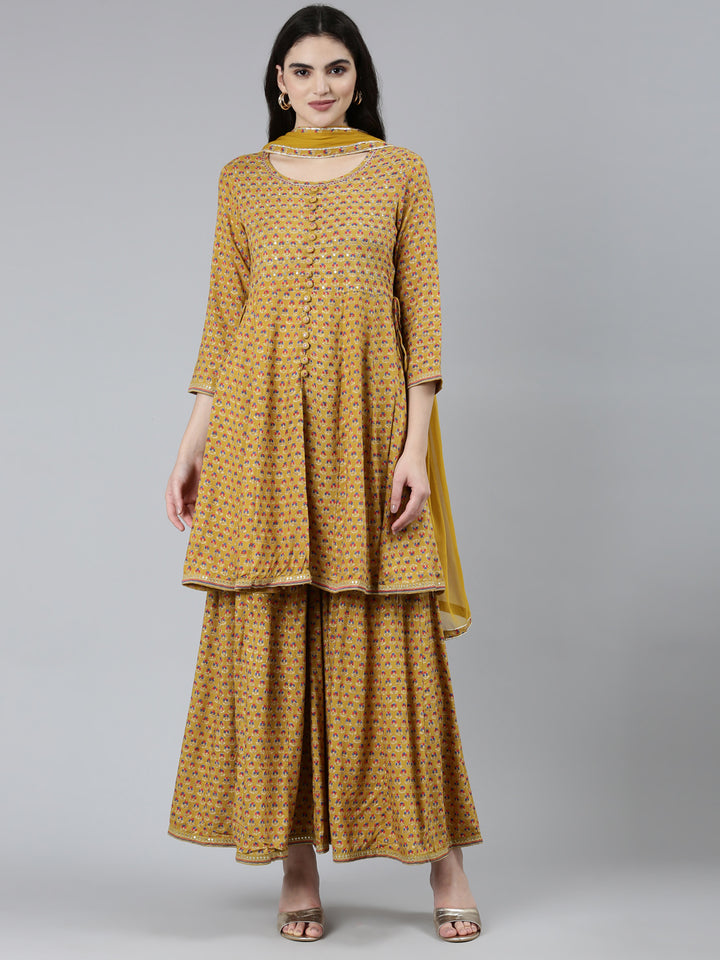 Neerus Yellow printed floral kurta set with sharara - front view
