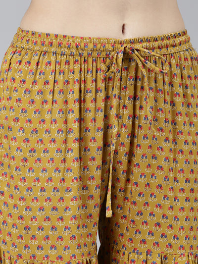 Neeru's Mustard Regular Straight Floral Kurta Sets And Sharara With Dupatta