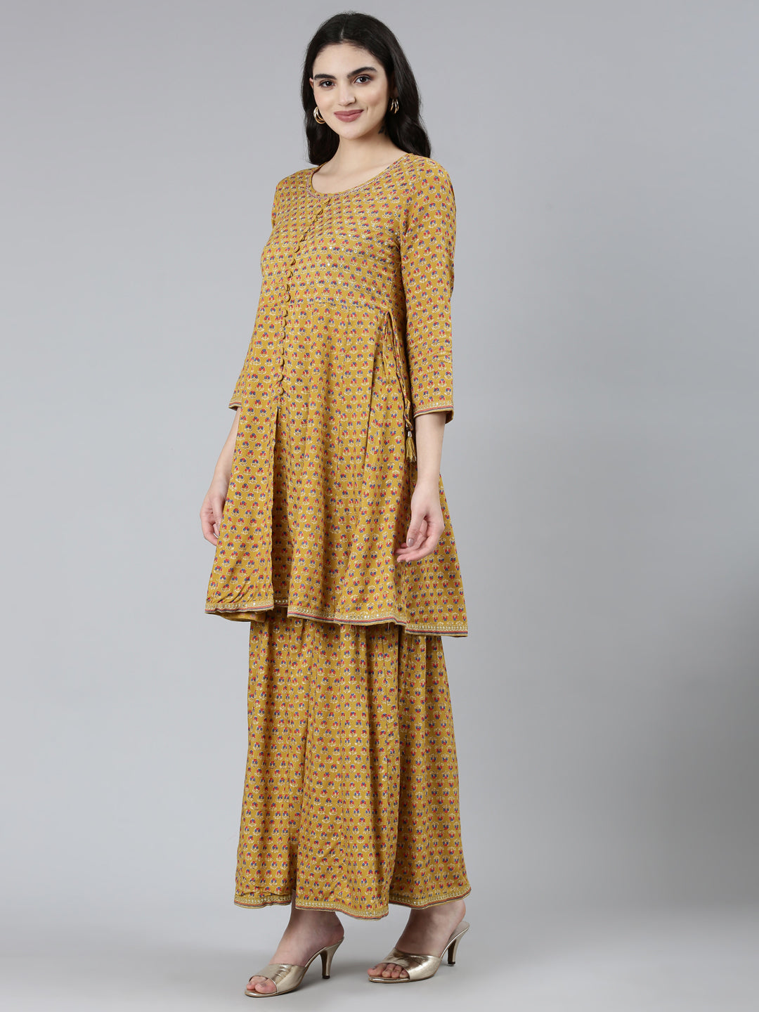 Neerus Yellow printed floral kurta set with sharara - back view