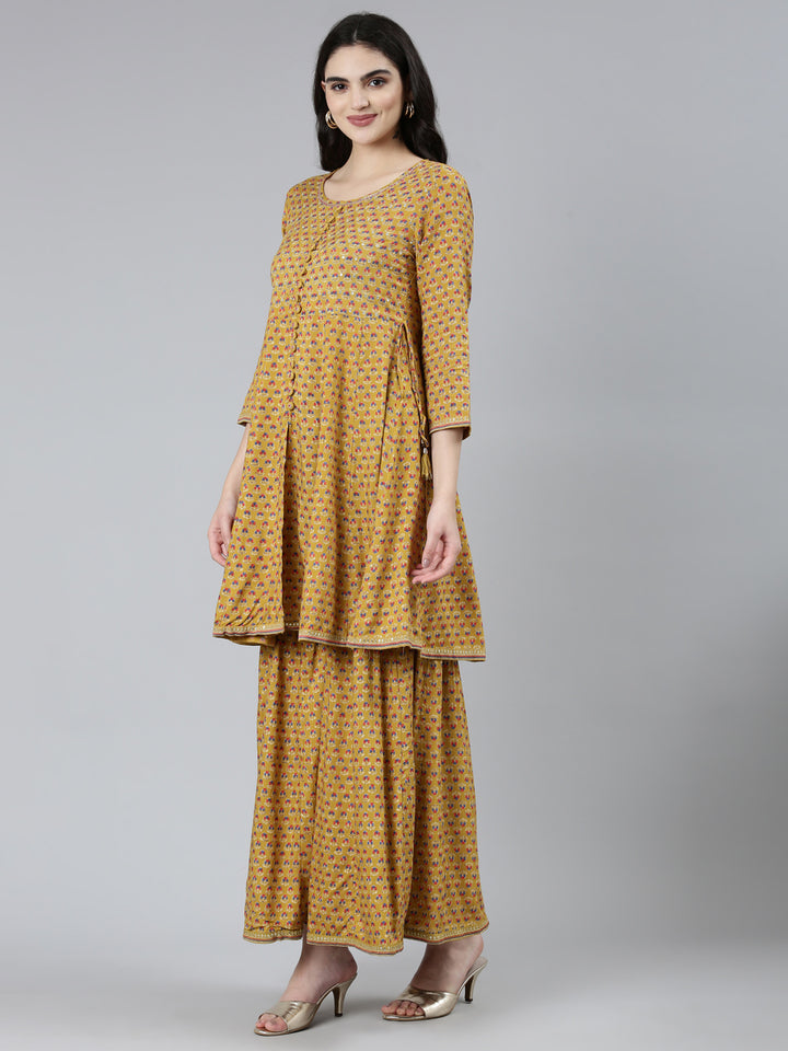 Neerus Yellow printed floral kurta set with sharara - back view