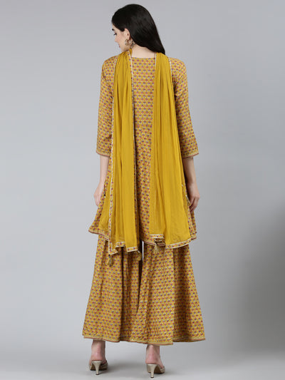 Neeru's Mustard Regular Straight Floral Kurta Sets And Sharara With Dupatta